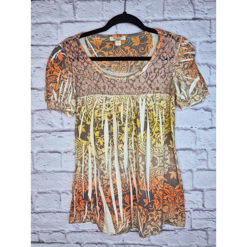 Vintage Y2K XXI Forever 21 Babydoll Top Lace Mesh Boho Paisley Graphic Shirt S